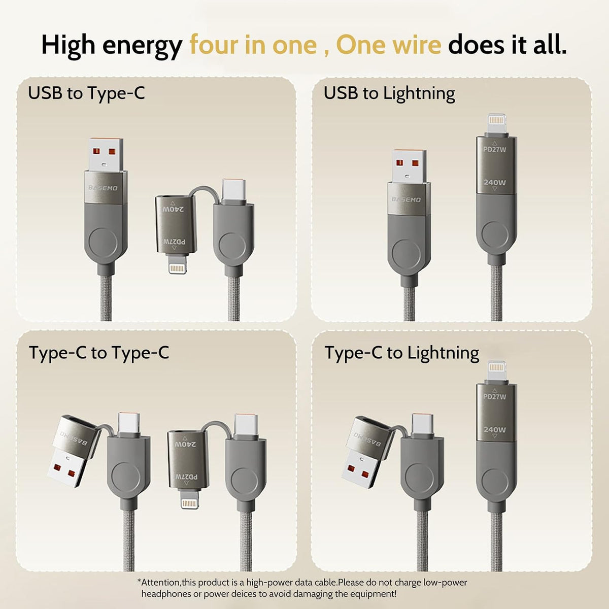 Cable de Datos y Carga Rápida 240W 4 en 1 – USB-C / Lightning / Micro USB