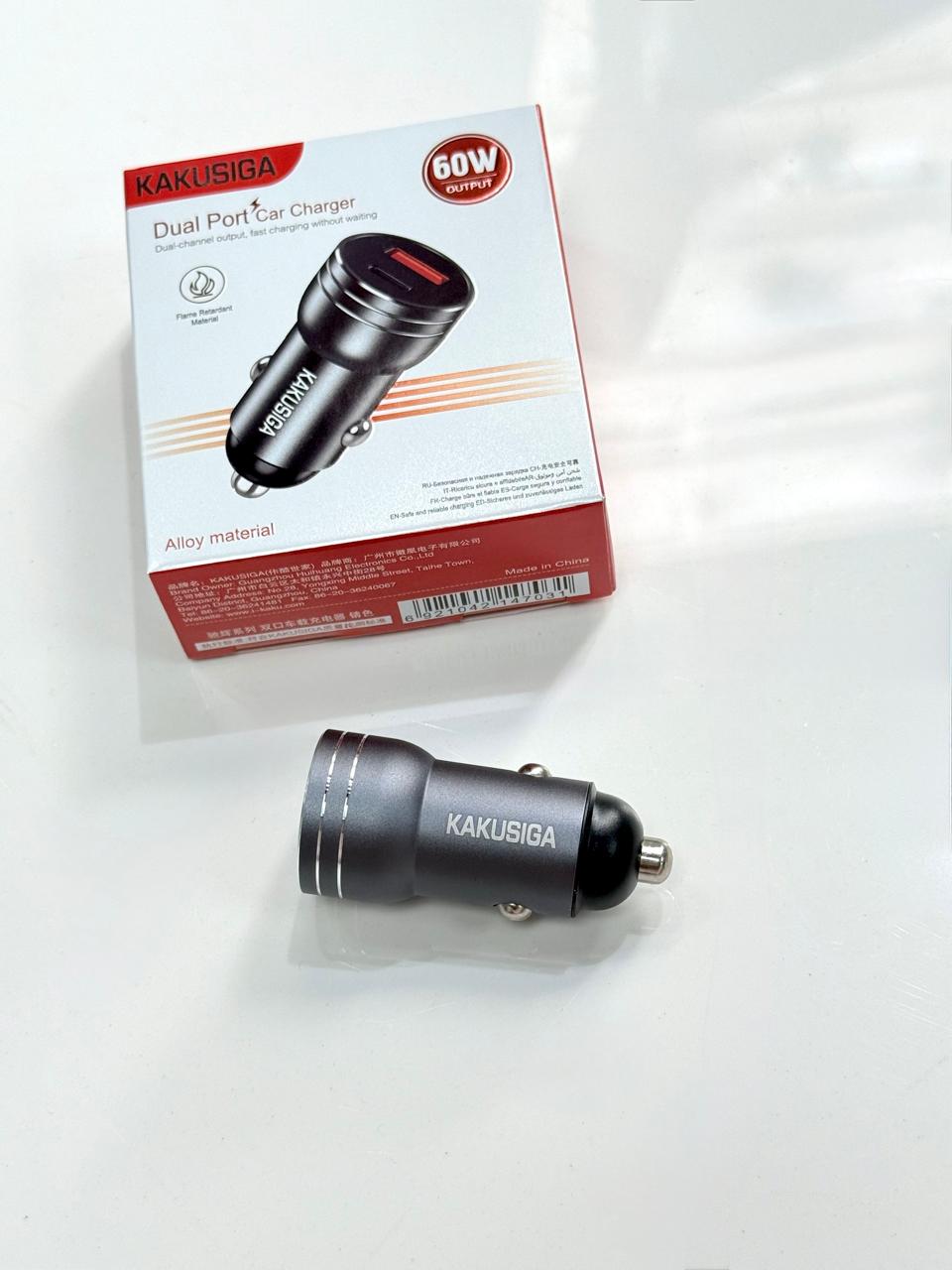 Cargador de Auto Kakusiga 60W – Dual Puerto USB-A + USB-C Negro