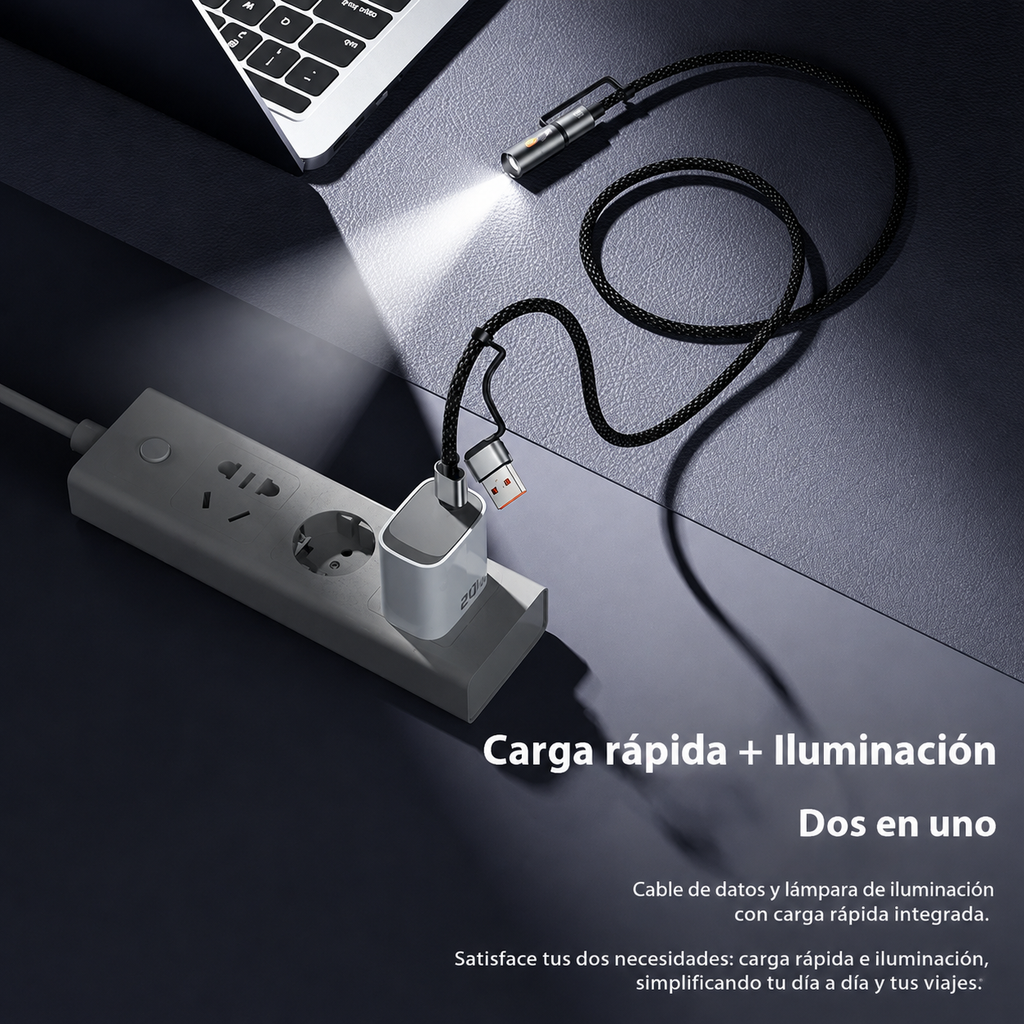 Cable TOOCKI Usb + Usb C a Tipo C Reforzado con linterna