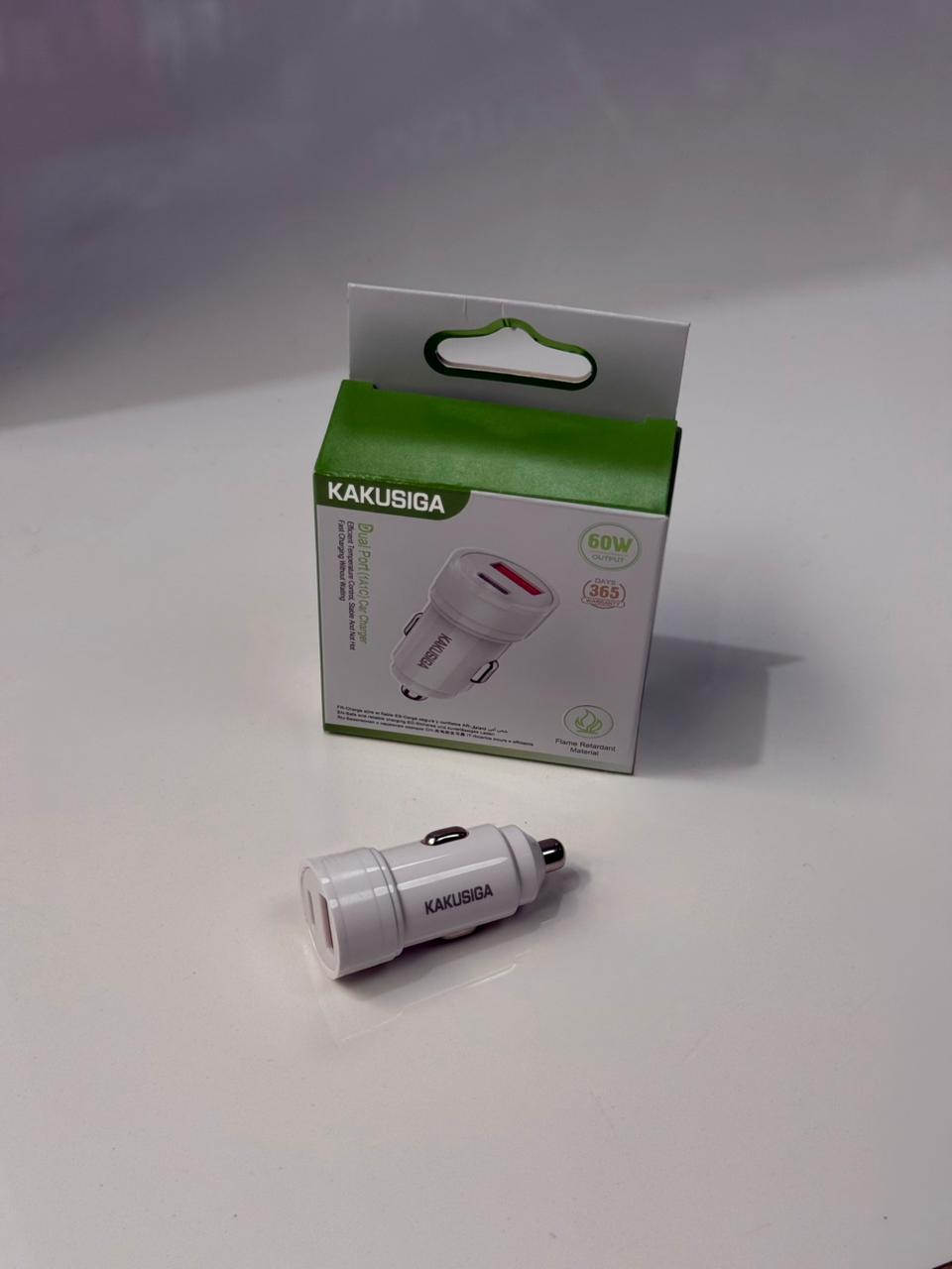 Cargador de Auto Kakusiga 60W – Dual Puerto USB-A + USB-C Blanco