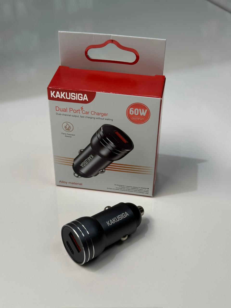 Cargador de Auto Kakusiga 60W – Dual Puerto USB-A + USB-C Negro