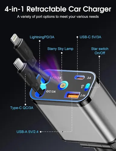 Cargador para Auto con Cable y Luz Láser — Carga Rápida