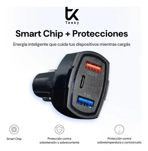 Cargador de Auto TEEKY 35W | 2x USB-A + USB-C - Carga Rápida 3 Puertos